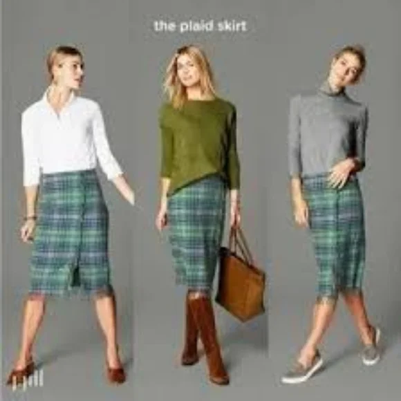 J Jill Plaid & Fringed Skirt Grey Blue Green Size 14P Lined - Picture 1 of 9